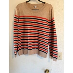Talbots Tan Navy Red Striped Crewneck Sweater Long Sleeve Women's Size XL Preppy